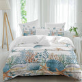 Marine Life Duvet Cover Set Queen Size 4 Pieces Vintage Shell Starfish Coral Eucalyptus Leaves Wood Grain Bedding Set with Zipper Closure, 1 Comforter Cover 86x86 Inches 1 Flat Sheet & 2 Pillow Cases