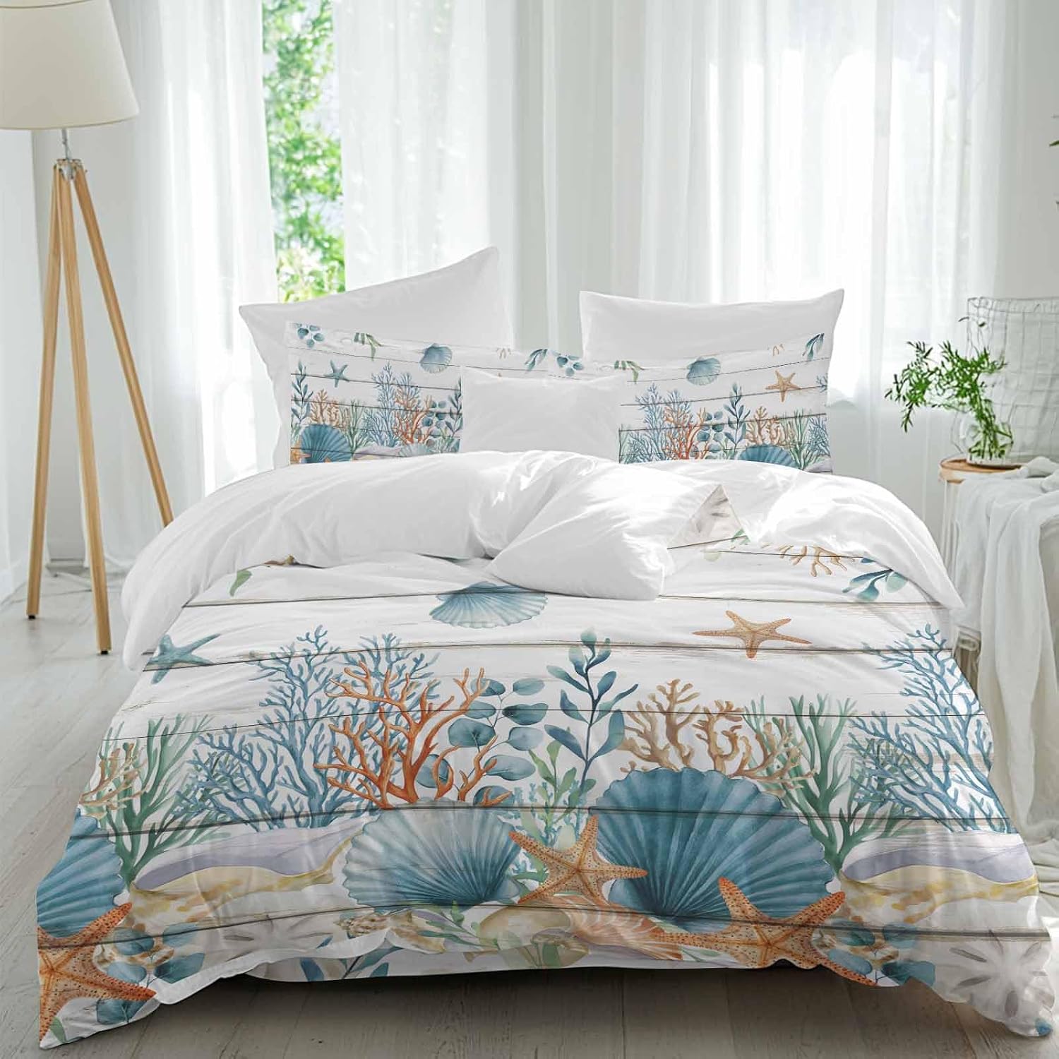 Marine Life Duvet Cover Set Queen Size 4 Pieces Vintage Shell Starfish Coral Eucalyptus Leaves Wood Grain Bedding Set with Zipper Closure, 1 Comforter Cover 86x86 Inches 1 Flat Sheet & 2 Pillow Cases