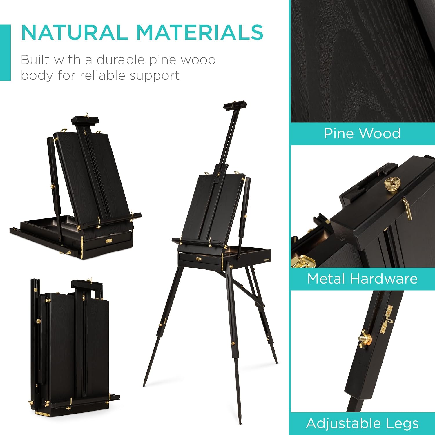 Best Choice Products Art Easel for Painting, Portable Wooden Adjustable Artist Tripod with Sketch Box, 32-Piece Art Set with Acrylic Paints, Brushes, Canvases & Palette - Black
