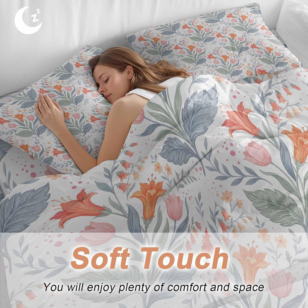 Pink Orange Flower Duvet Cover Set Queen Size 4 Pieces Watercolor Floral Green Leaf Rustic Country Bedding Set with Zipper Closure, 1 Comforter Cover 90x92 Inches 1 Flat Sheet & 2 Pillow Cases