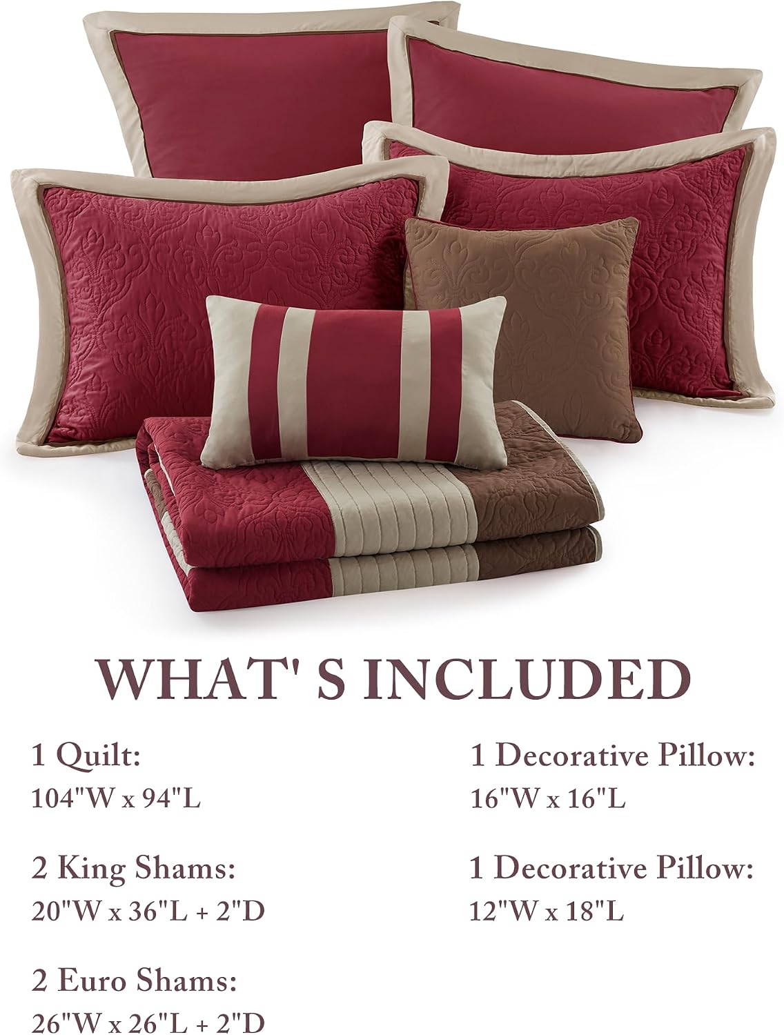 Madison Park Attingham Reversible Quilt Set - All Season Breathable Coverlet, Lightweight Cozy Bedding Layers, Matching Shams, King/Cal King (104'x94'), Red 7 Piece
