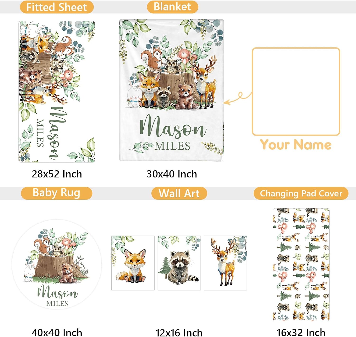 Terwex Personalized Baby Bedding Set, 5 Pcs Custom Baby Crib Sets with Name, Toddler Bedding Set for Baby Boys Girls, Forest Animal Double Layer Nursery Bedding Set, Customized Gifts for Infants Kids