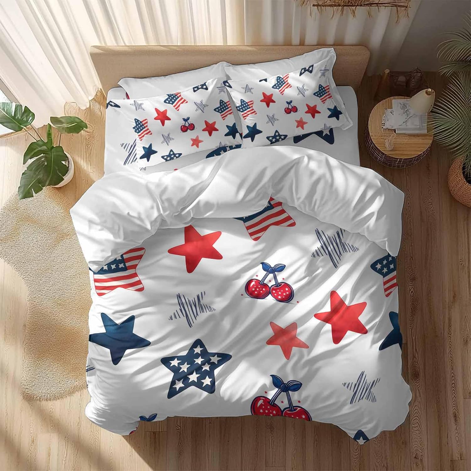Independence Day Duvet Cover Set Queen Size 4 Pieces Graffiti Five-Pointed Star Cartoon Polka Dot Cherry Bedding Set with Zipper Closure, 1 Comforter Cover 90x92 Inches 1 Flat Sheet & 2 Pillow Cases