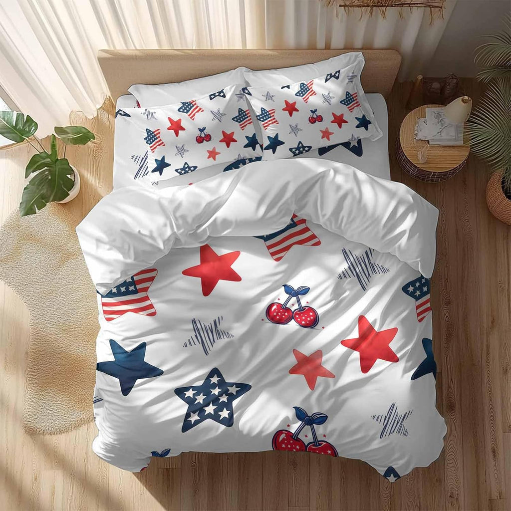 Independence Day Duvet Cover Set Queen Size 4 Pieces Graffiti Five-Pointed Star Cartoon Polka Dot Cherry Bedding Set with Zipper Closure, 1 Comforter Cover 86x86 Inches 1 Flat Sheet & 2 Pillow Cases