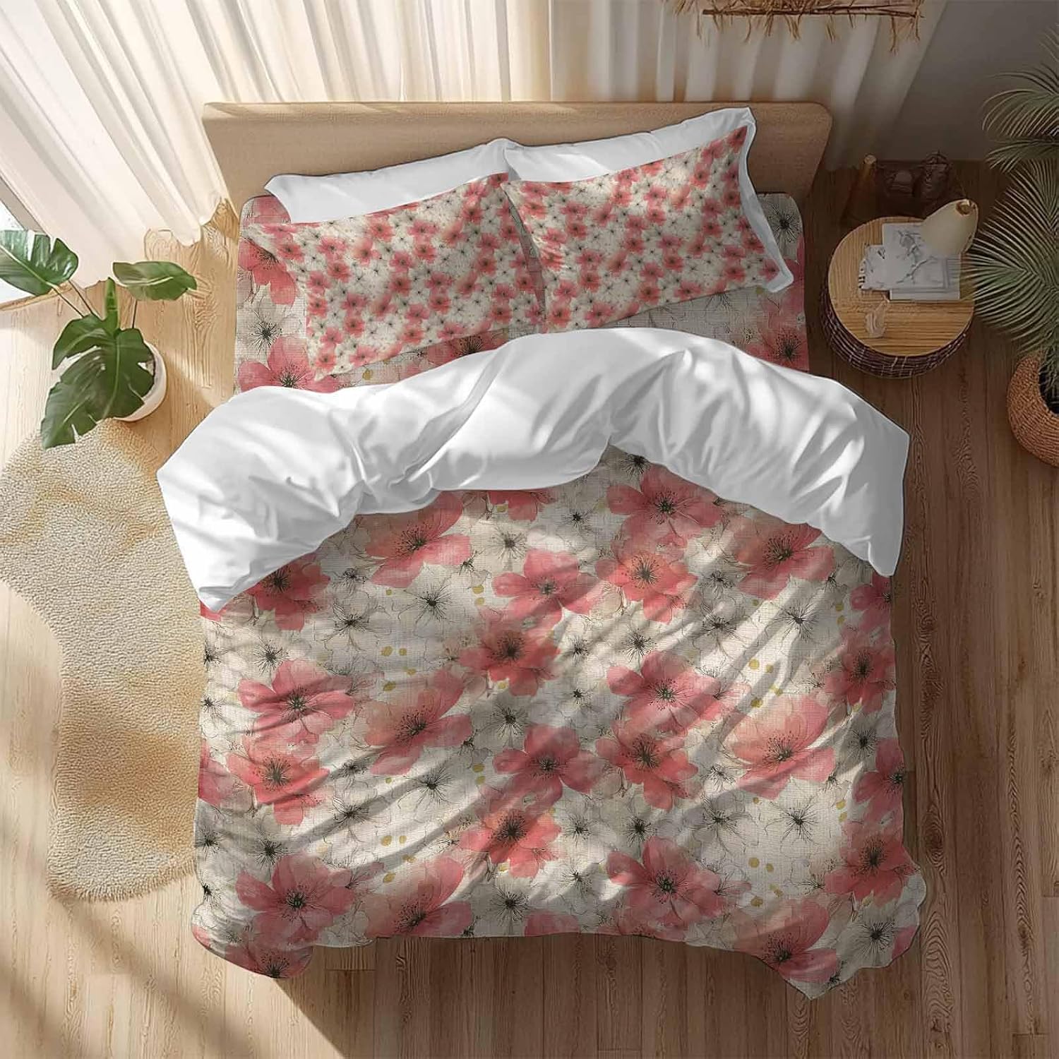 Spring Florals Duvet Cover Set Queen Size 4 Pieces Red White Floral Vintage Water Ink Painting Bedding Set with Zipper Closure, 1 Comforter Cover 90x92 Inches 1 Flat Sheet & 2 Pillow Cases