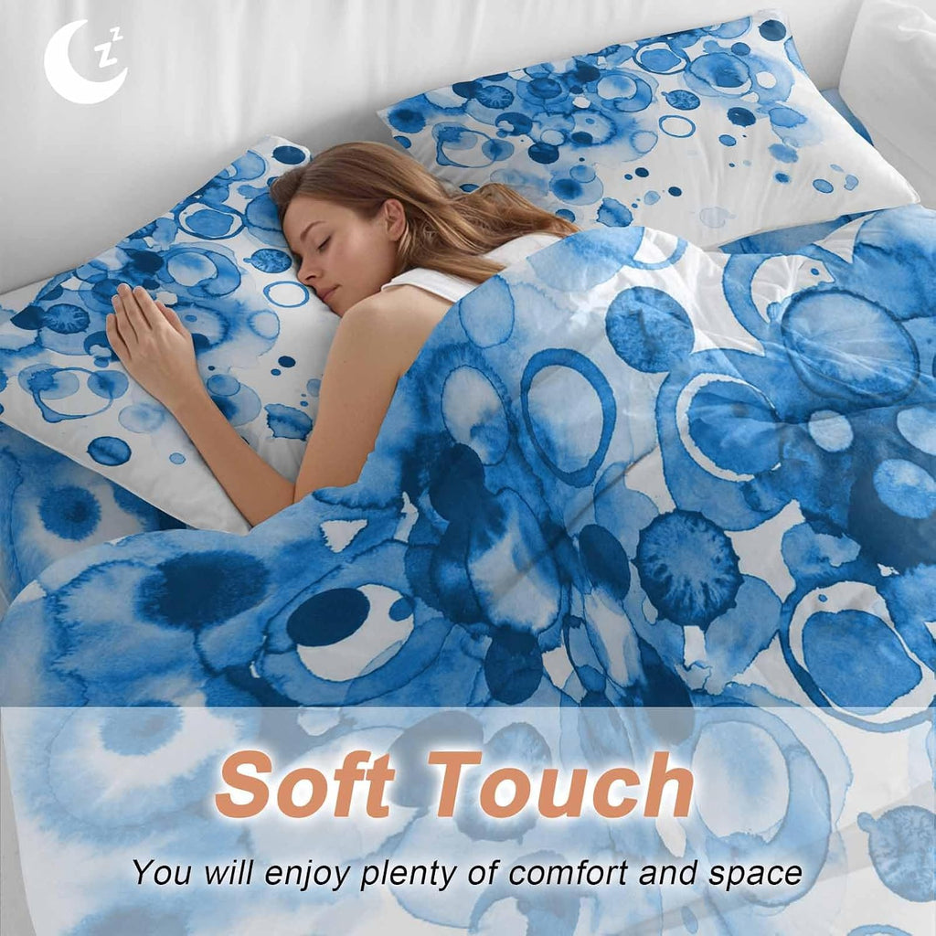 Abstract Duvet Cover Set Queen Size 4 Pieces Blue Gradient Watercolors Ink Points Minimalist Style Bedding Set with Zipper Closure, 1 Comforter Cover 90x92 Inches 1 Flat Sheet & 2 Pillow Cases