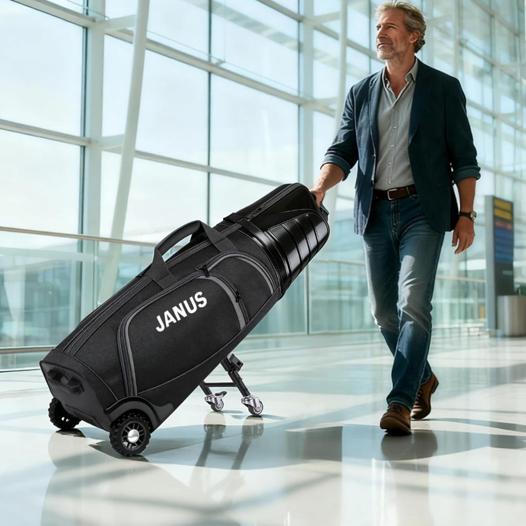 JANUS Golf Travel Bag Hard Case with Foldable Support Legs, Hands-Free Golf Club Travel Bag with 360° Spinner Wheels, ABS Hard Shell, Foldable Design for Airline Travel