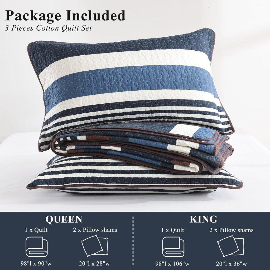 Quilts Queen Size - Blue Quilt Set with Matching Shams, Modern Striped Design Bedding Bedspread, 3 Pieces 100% Cotton Lightweight Coverlet Home Decor for All Season, Brown/Cream
