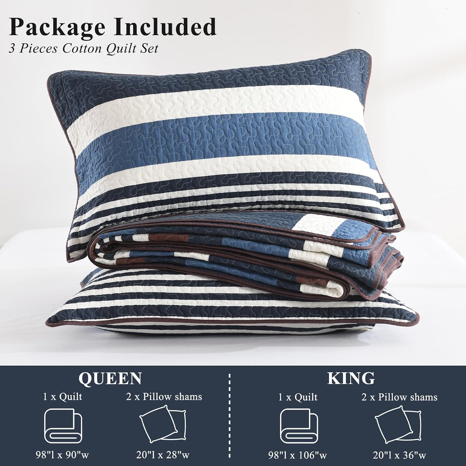 Quilts King Size - Blue Quilt Set with Matching Shams, Modern Striped Design Bedding Bedspread, 3 Pieces 100% Cotton Lightweight Coverlet Home Decor for All Season, Brown/Cream