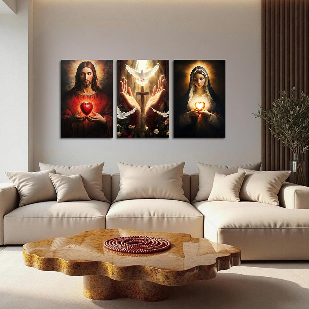 YMXDYMJSW Sacred Heart Wall Art 3 Pieces Jesus Mary Portrait Pictures Christian Catholic Canvas Prints Cross Dove of Peace Paintings for Church Decor Frame (Red,24.00' x 36.00' x 3PCS)