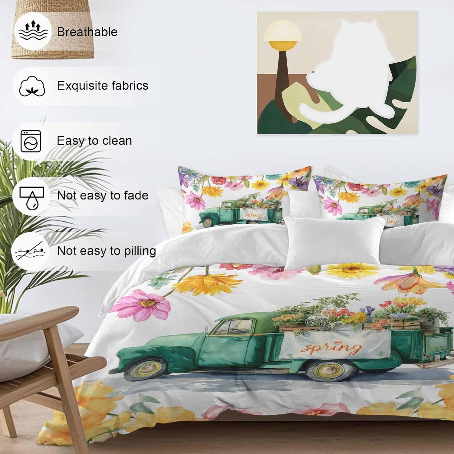 Spring Floral Duvet Cover Set Queen Size 4 Pieces Oil Painting Flower Watercolor Farm Light Blue Truck Bedding Set with Zipper Closure, 1 Comforter Cover 86x86 Inches 1 Flat Sheet & 2 Pillow Cases