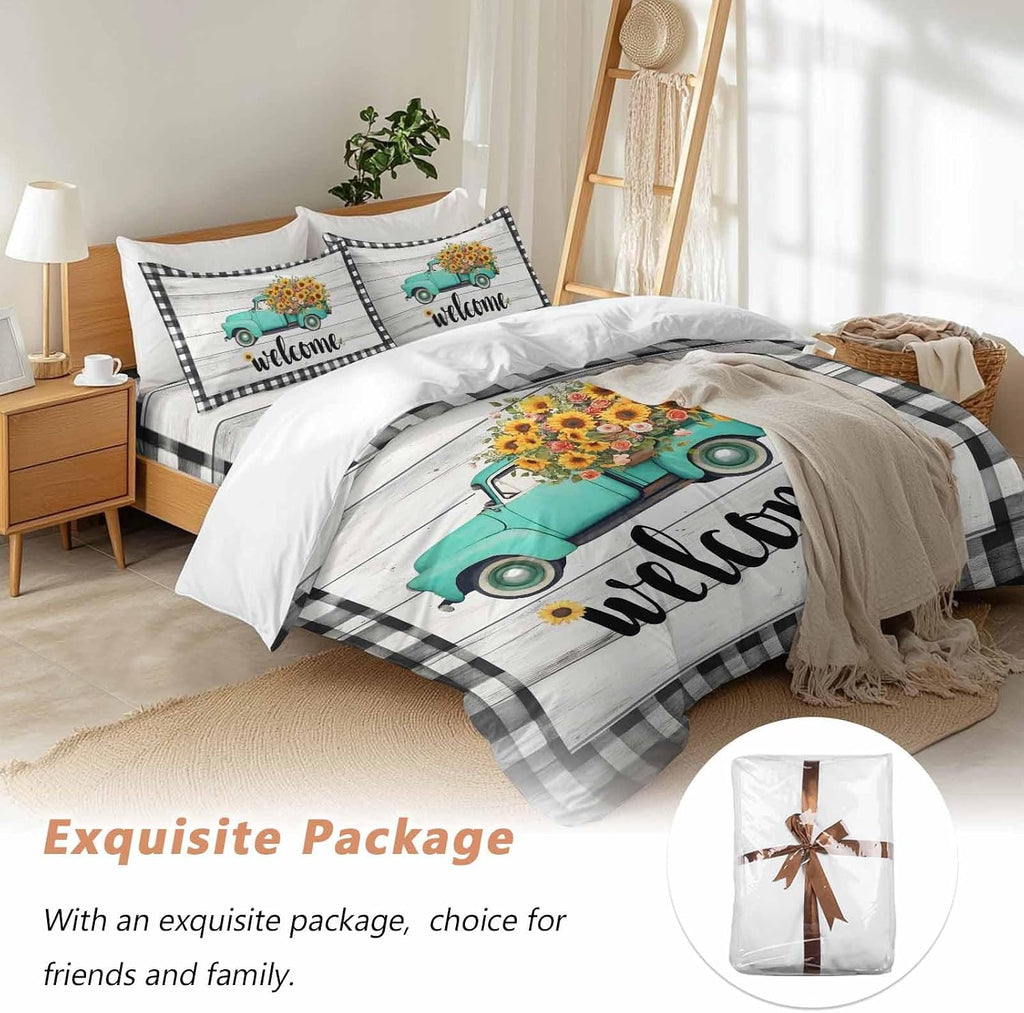 Welcome Duvet Cover Set Queen Size 4 Pieces Summer Flowers Truck Wood Grain Black White Lattice Frame Bedding Set with Zipper Closure, 1 Comforter Cover 90x92 Inches 1 Flat Sheet & 2 Pillow Cases