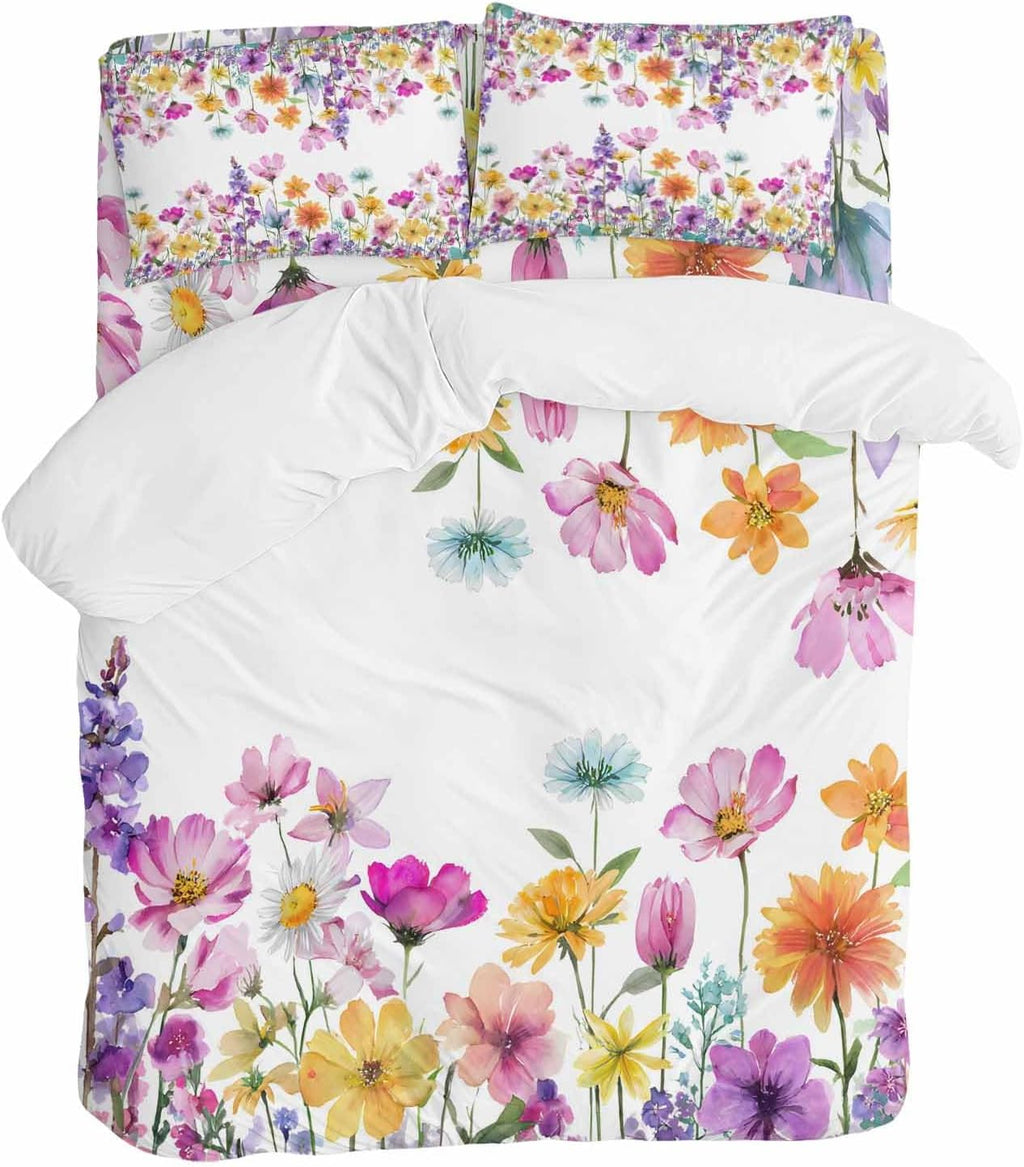 Spring Floral Duvet Cover Set Queen Size 4 Pieces Romantic Colorful Flowers Watercolor Country Leaf Bedding Set with Zipper Closure, 1 Comforter Cover 86x86 Inches 1 Flat Sheet & 2 Pillow Cases