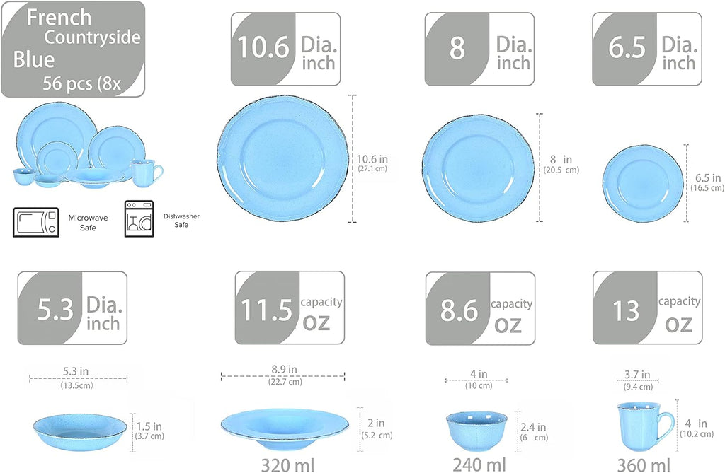 20pc Dinnerware Set, Plate and Bowl Set, Stoneware Dishes Set for 4, Microwave and Dishwahser Safe, Scratch Resistant, French Countryside Speckled Antique Blue