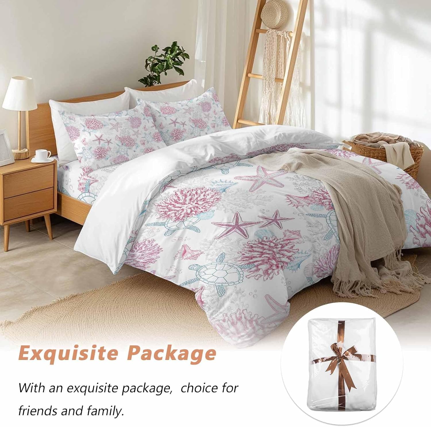 Summer Marine Life Duvet Cover Set Queen Size 4 Pieces Ocean Starfish Coral Coastal Sea Turtle Pink Bedding Set with Zipper Closure, 1 Comforter Cover 90x92 Inches 1 Flat Sheet & 2 Pillow Cases