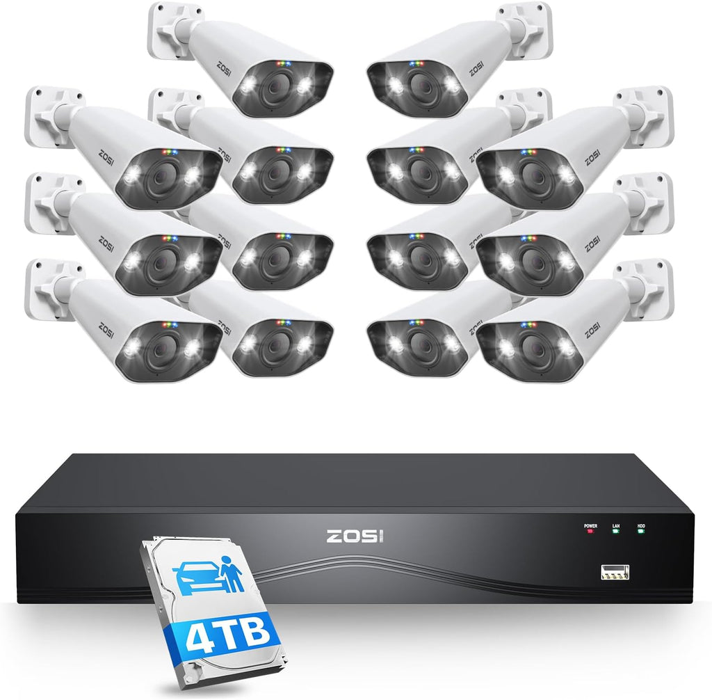 ZOSI 24CH 4K Spotlight PoE Security Camera System,14pcs 4K Outdoor Cameras,Face/Person/Vehicle Detection,2 Way Audio,Night Vision,16 Port 24CH 8MP Dual-Disk NVR with 4TB HDD for 24/7 Recording