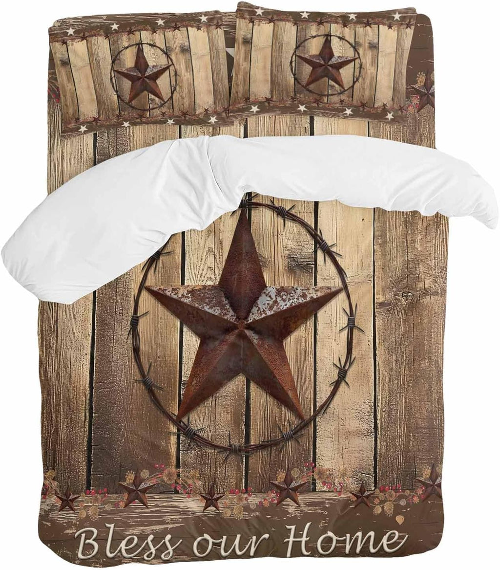 Vintage Duvet Cover Set Queen Size 4 Pieces Western Country Brown Texas Star Wood Grain Farmhouse Bedding Set with Zipper Closure, 1 Comforter Cover 86x86 Inches 1 Flat Sheet & 2 Pillow Cases