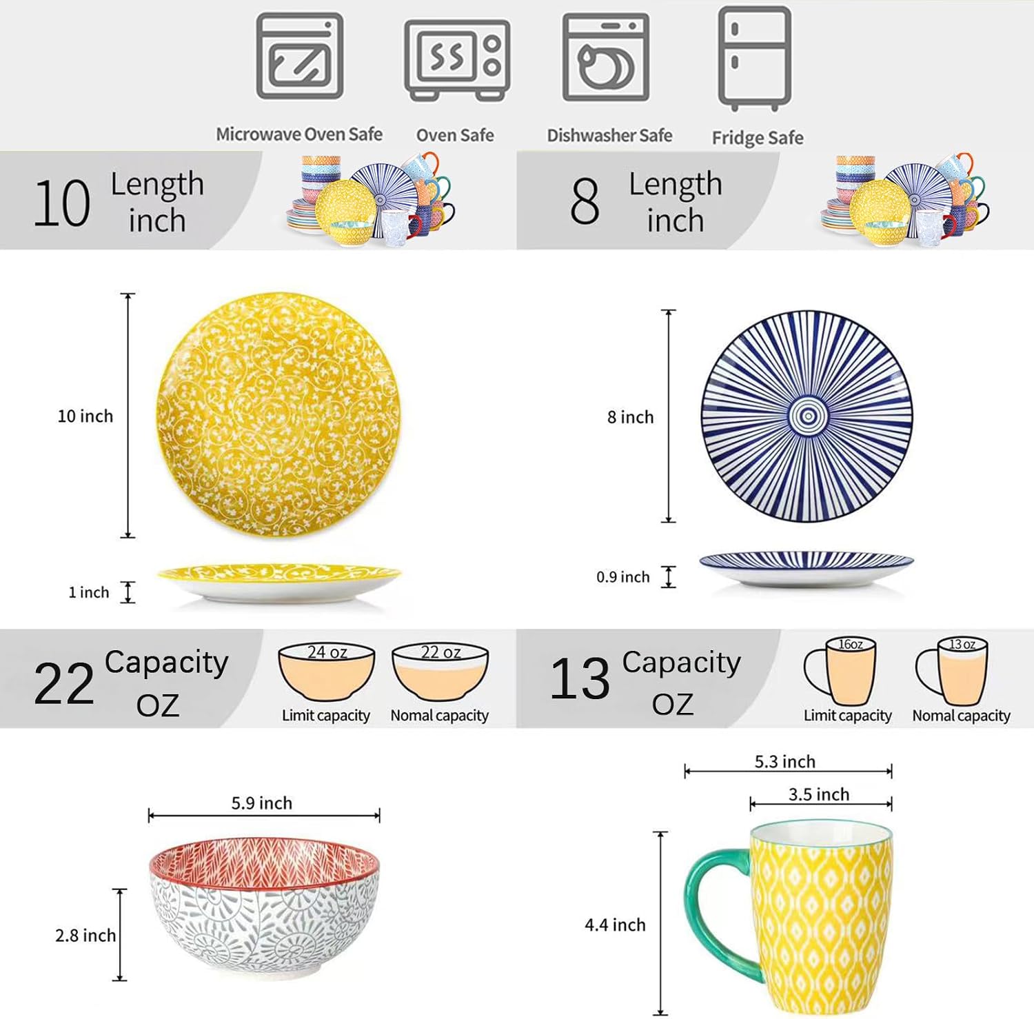 Selamica Ceramic Dinnerware Sets for 6, 24 Piece Plates and Bowls Sets, Scratch Resistant Dishes Set-Dishwasher & Microwave & Oven Safe, Assorted Colors A