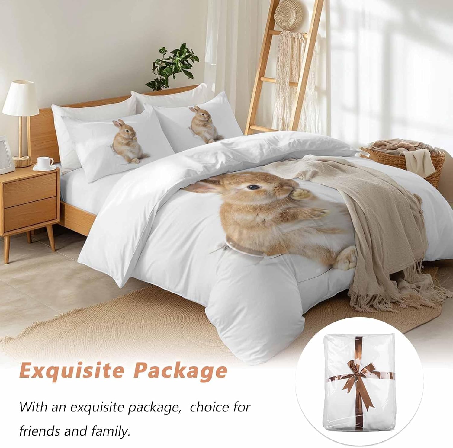 Rabbit Sitting on The Toilet Thinking Duvet Cover Set Queen Size 4 Pieces Abstract Funny Animal Bedding Set with Zipper Closure, 1 Comforter Cover 86x86 Inches 1 Flat Sheet & 2 Pillow Cases