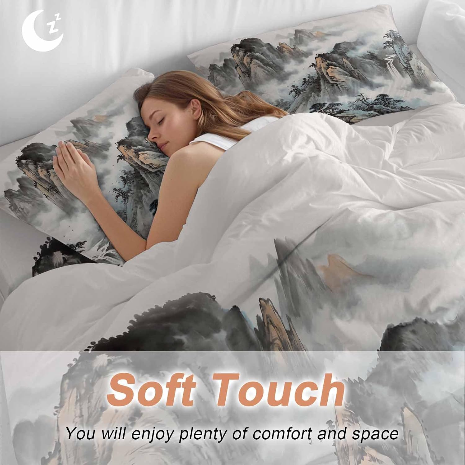 Prime Leader Mountain Cloud Duvet Cover Set Queen Size 4 Pieces Tree Water Ink Painting Chinese Wind Bedding Set with Zipper Closure, 1 Comforter Cover 92x106 Inches 1 Flat Sheet & 2 Pillow Cases
