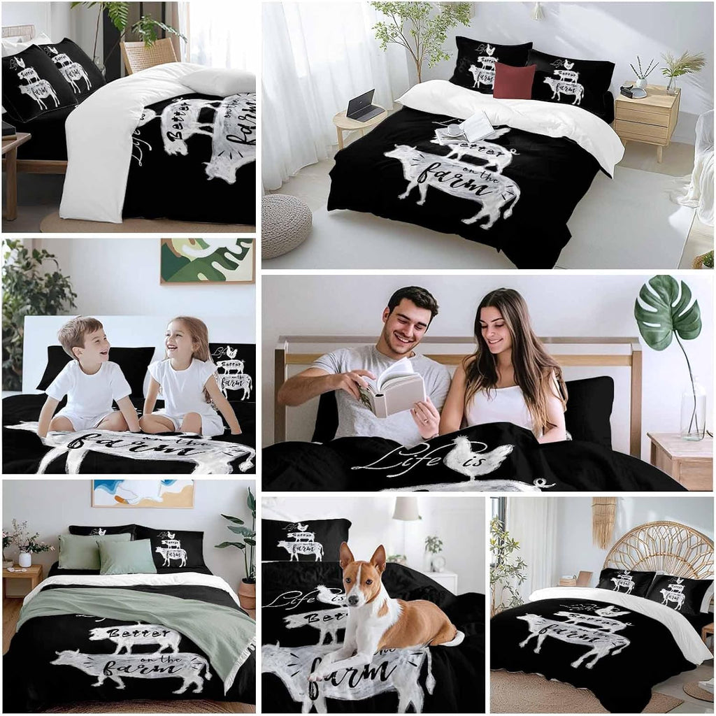 Prime Leader Retro Farm Duvet Cover Set Queen Size 4 Pieces Chicken Pig Cow Farmhouse Animal Black White Bedding Set with Zipper Closure, 1 Comforter Cover 90x92 Inches 1 Flat Sheet & 2 Pillow Cases