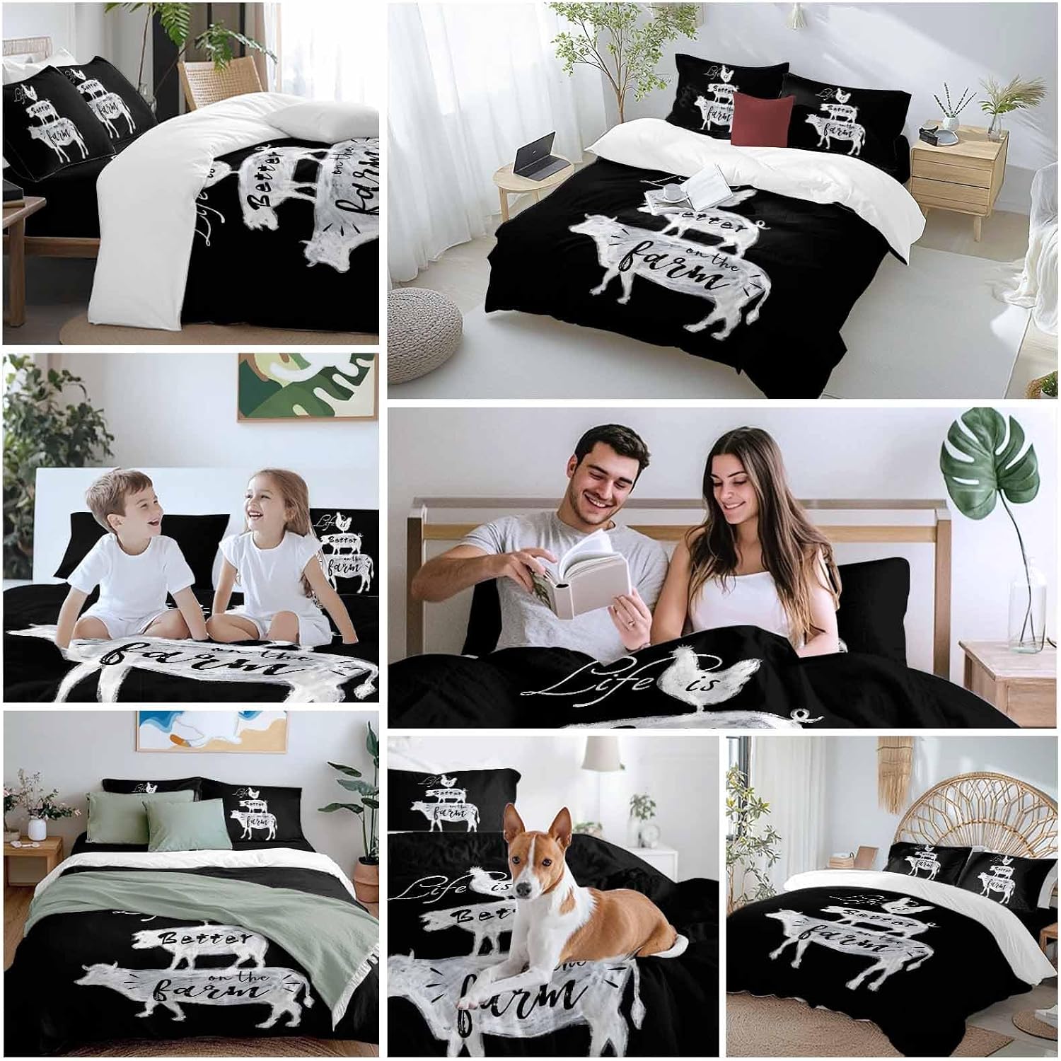 Prime Leader Retro Farm Duvet Cover Set Queen Size 4 Pieces Chicken Pig Cow Farmhouse Animal Black White Bedding Set with Zipper Closure, 1 Comforter Cover 90x92 Inches 1 Flat Sheet & 2 Pillow Cases