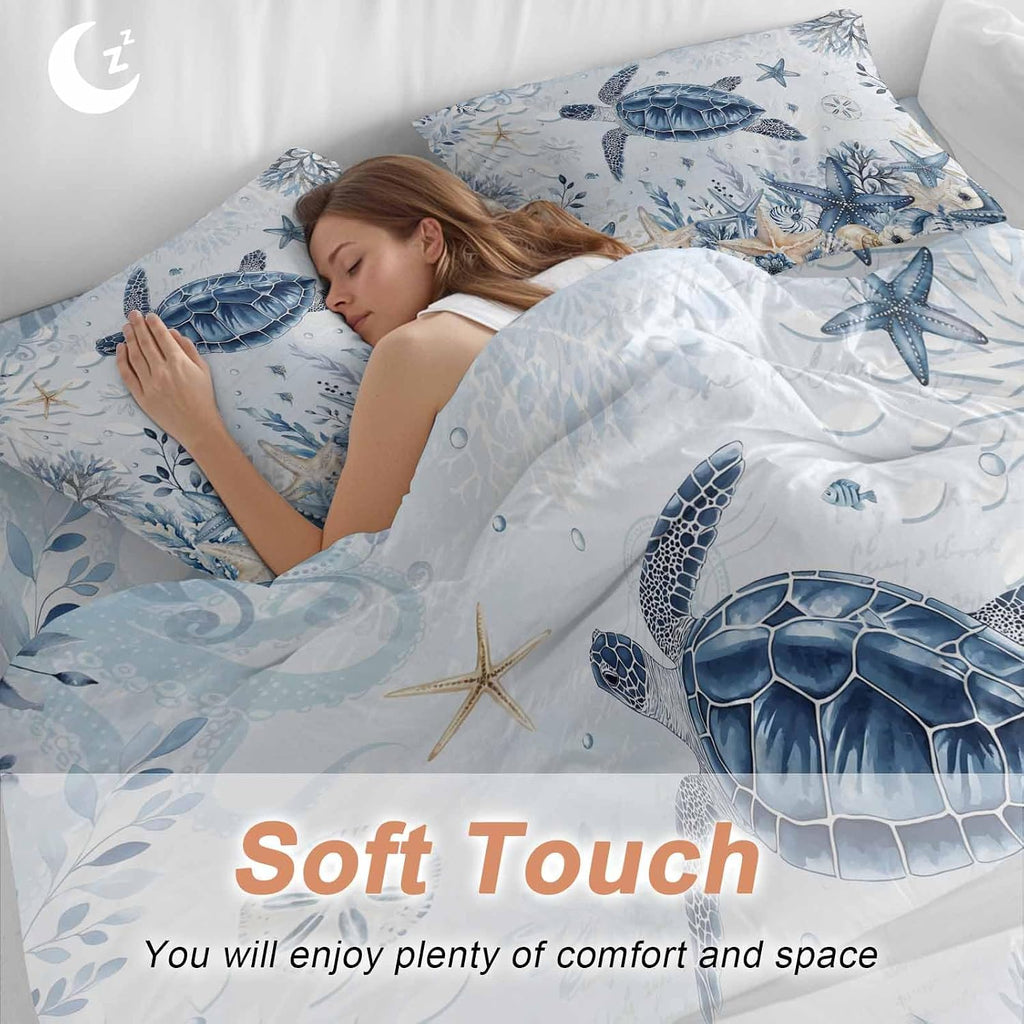 Prime Leader Ocean Turtles Duvet Cover Set Queen Size 4 Pieces Blue Yellow Sea Star Shell Coral Blue Bedding Set with Zipper Closure, 1 Comforter Cover 86x86 Inches 1 Flat Sheet & 2 Pillow Cases