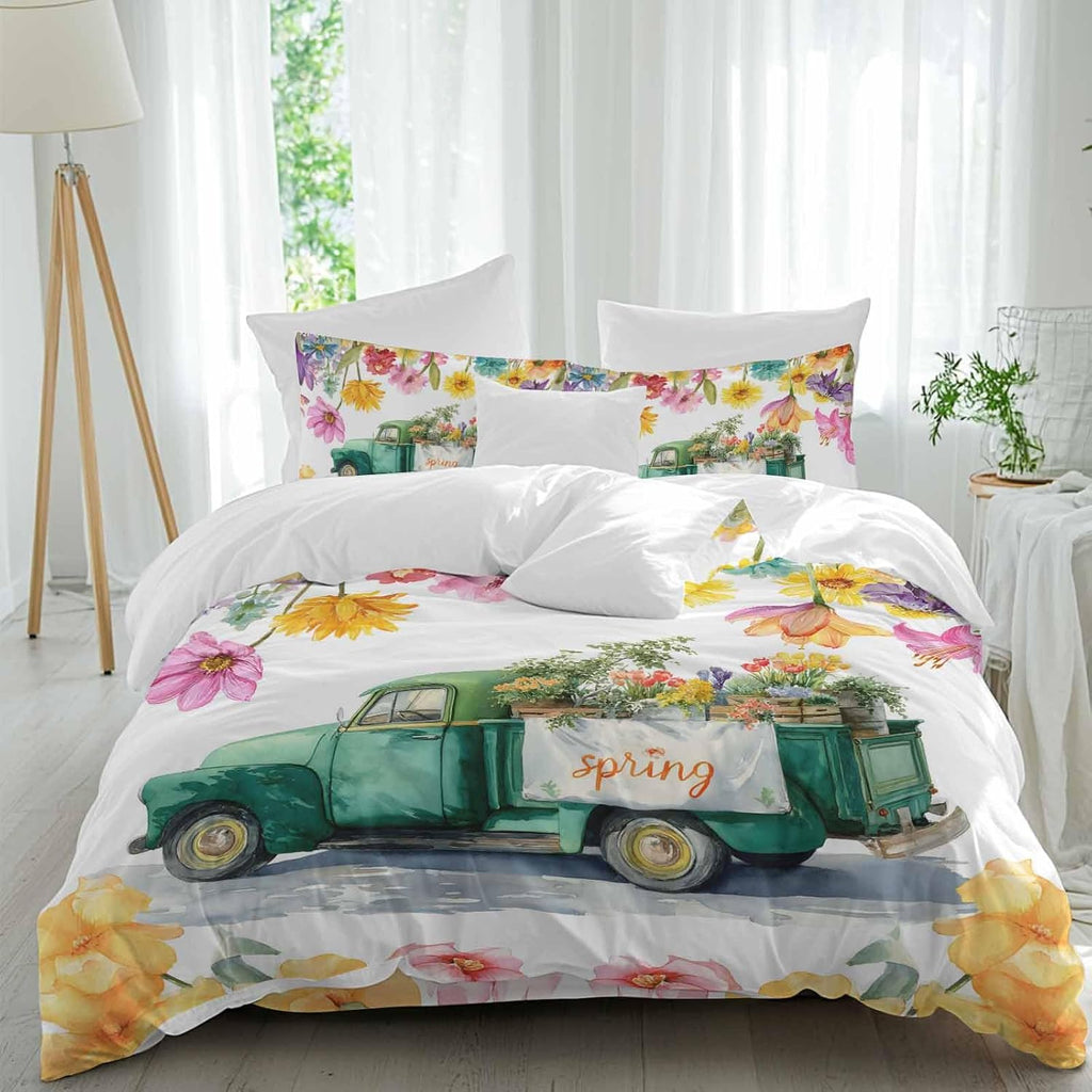 Spring Floral Duvet Cover Set Queen Size 4 Pieces Oil Painting Flower Watercolor Farm Light Blue Truck Bedding Set with Zipper Closure, 1 Comforter Cover 86x86 Inches 1 Flat Sheet & 2 Pillow Cases