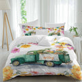 Spring Floral Duvet Cover Set Queen Size 4 Pieces Oil Painting Flower Watercolor Farm Light Blue Truck Bedding Set with Zipper Closure, 1 Comforter Cover 86x86 Inches 1 Flat Sheet & 2 Pillow Cases