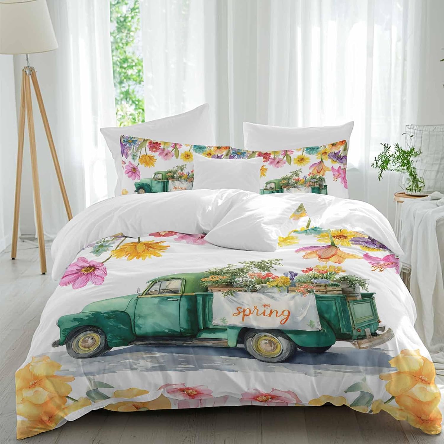 Spring Floral Duvet Cover Set Queen Size 4 Pieces Oil Painting Flower Watercolor Farm Light Blue Truck Bedding Set with Zipper Closure, 1 Comforter Cover 86x86 Inches 1 Flat Sheet & 2 Pillow Cases