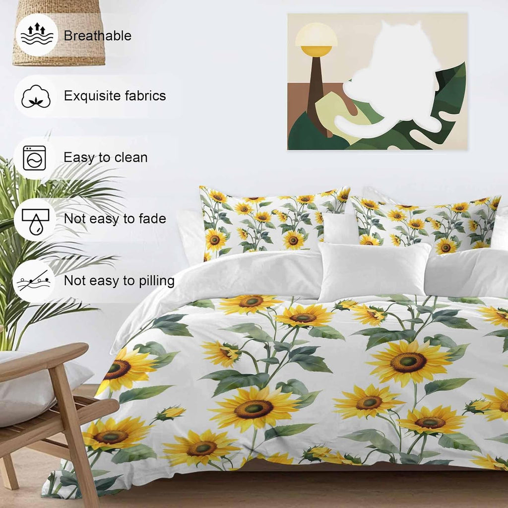 Prime Leader Summer Sunflowers Duvet Cover Set Queen Size 4 Pieces Watercolor Floral White Bedding Set with Zipper Closure, 1 Comforter Cover 90x92 Inches 1 Flat Sheet & 2 Pillow Cases