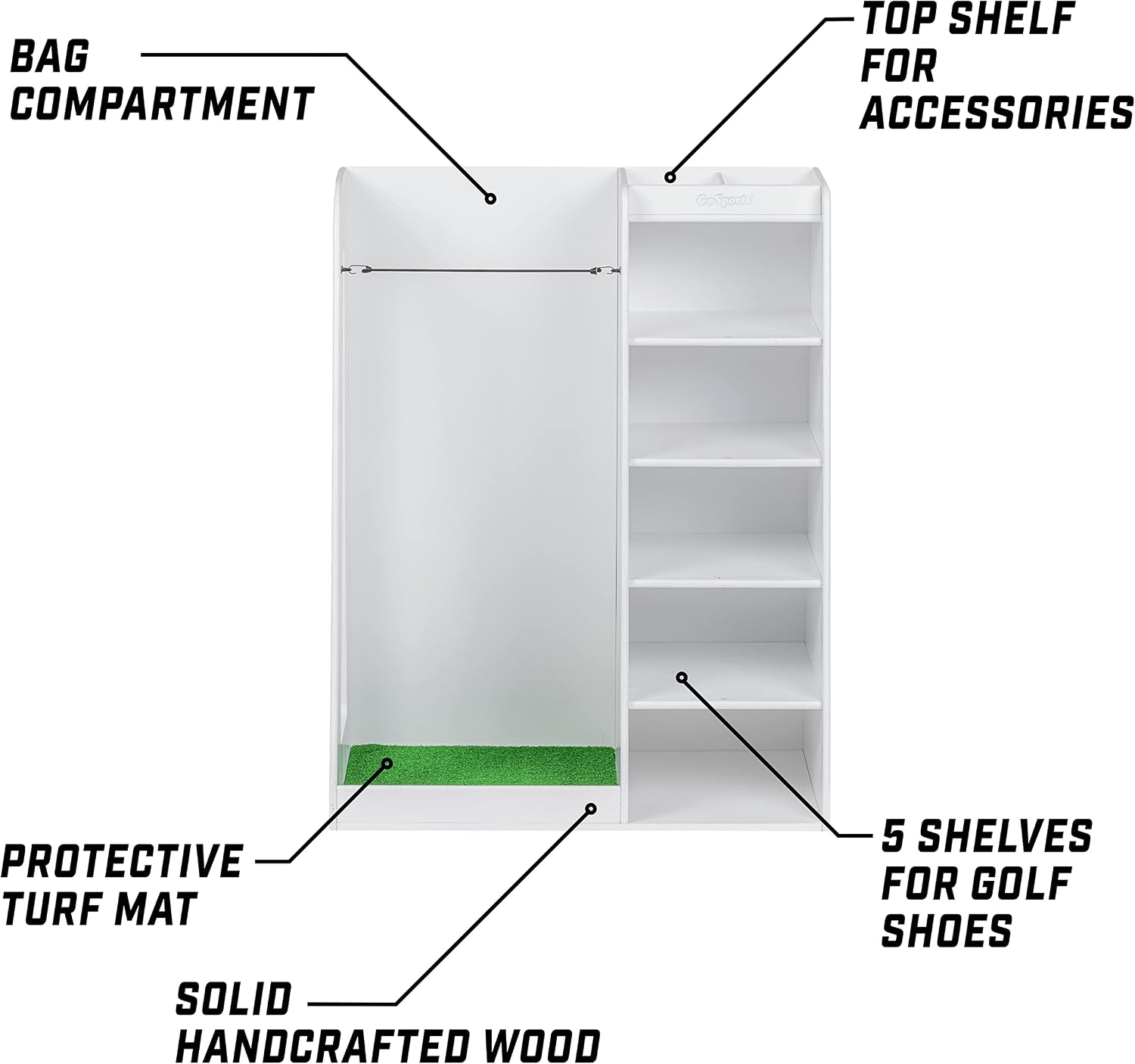 GoSports Premium Wooden Golf Bag Organizer and Storage Rack - Black, White or Brown Finish