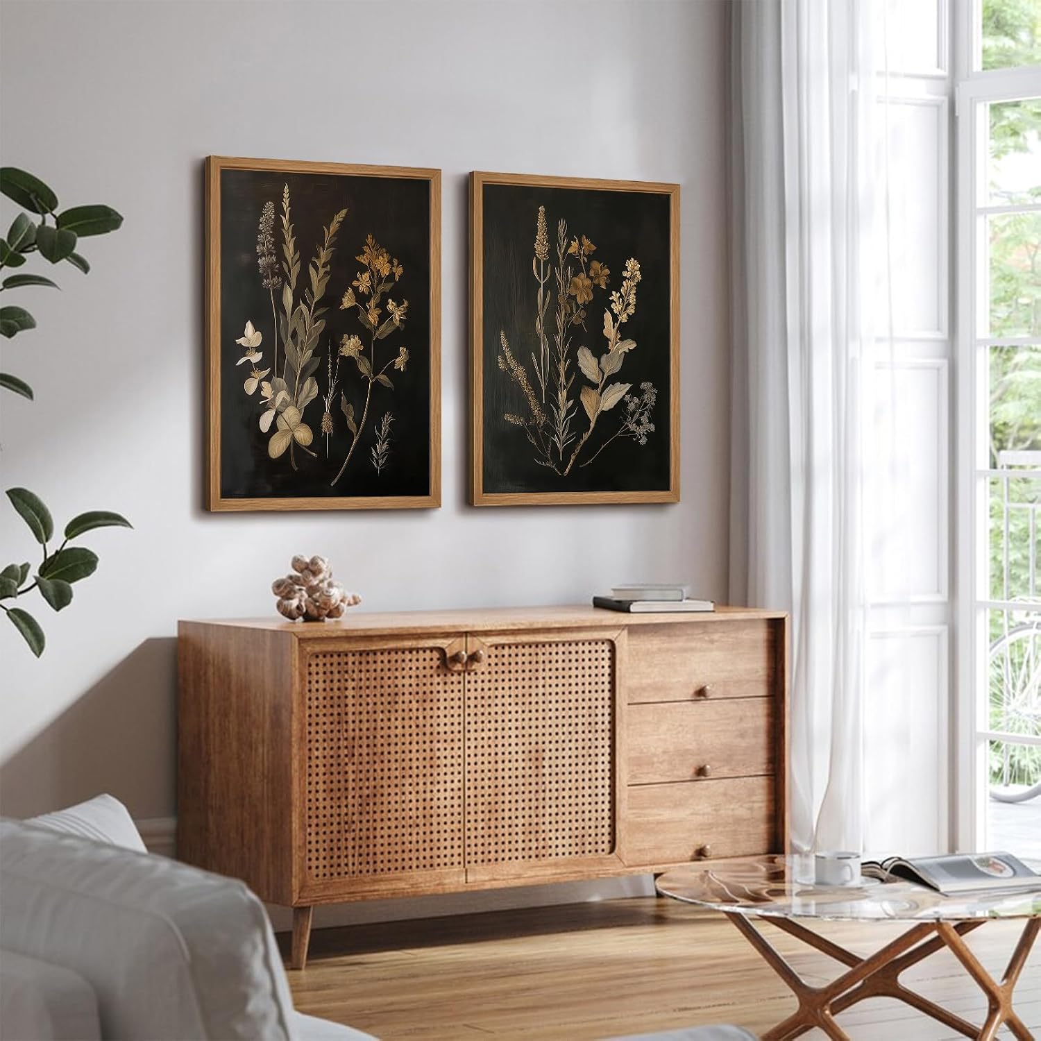 Vintage Floral Wall Art Decor Black Botanical Canvas Art Moody Flower Wall Art Dark Academia Poster Painting Vintage Floral Prints Pictures for Bedroom Living Room 24x36 Inch Wood Framed Set of 2