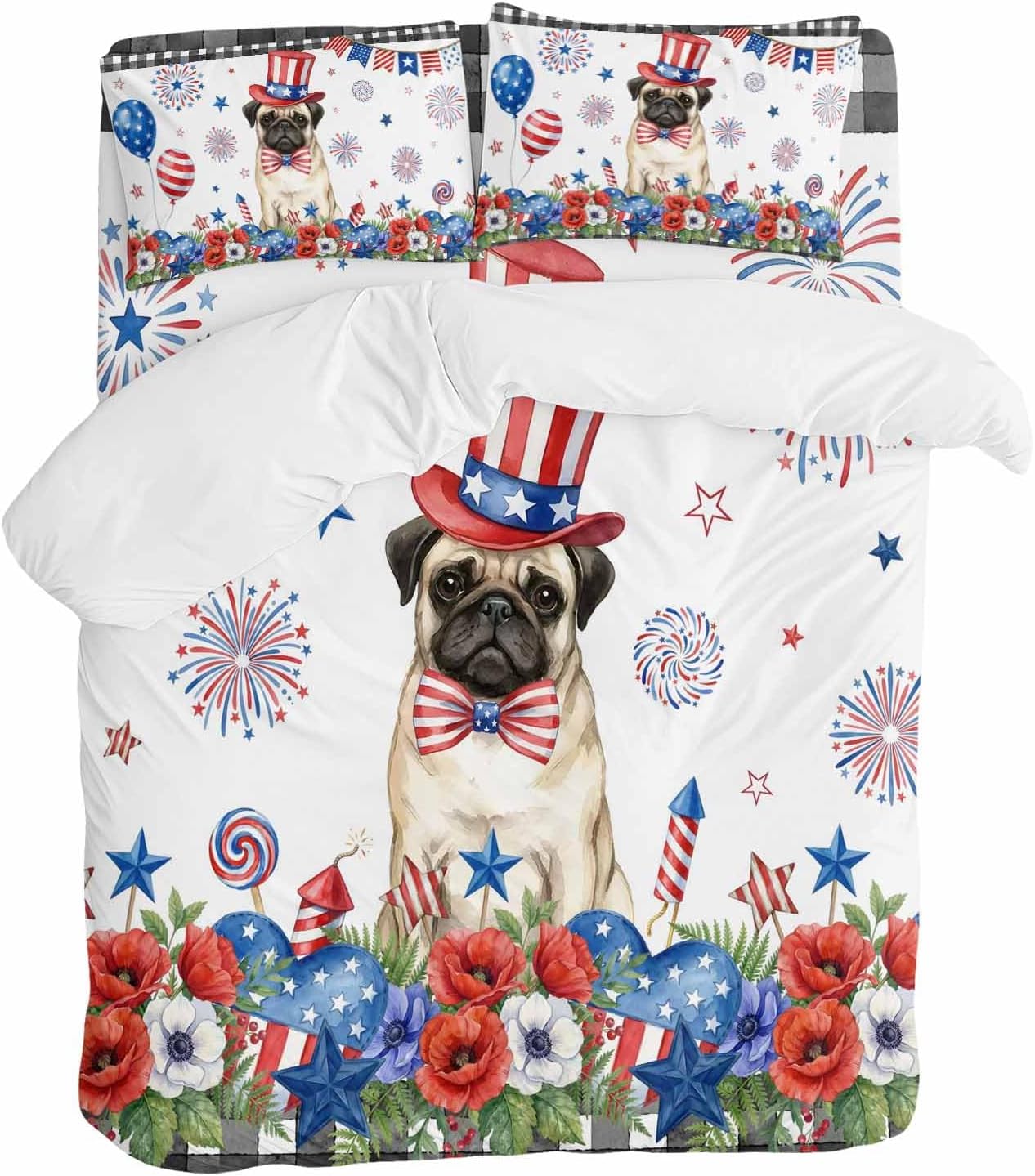 Independence Day Duvet Cover Set Queen Size 4 Pieces Cartoon Pug Dog Cute Puppy Red Blue Flower Bedding Set with Zipper Closure, 1 Comforter Cover 90x92 Inches 1 Flat Sheet & 2 Pillow Cases