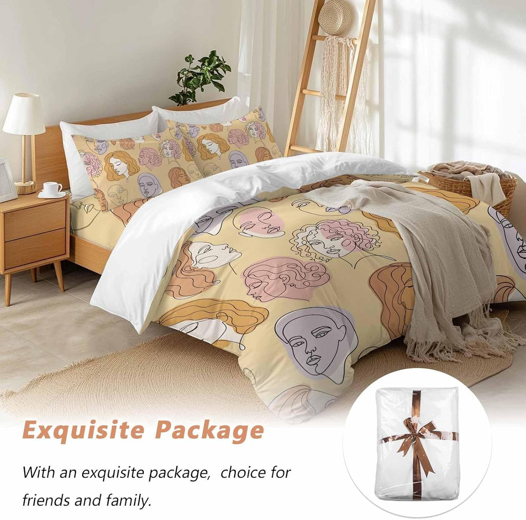 Abstract Face Painting Duvet Cover Set Queen Size 4 Pieces Boho Yellow Portraits Minimalist Line Bedding Set with Zipper Closure, 1 Comforter Cover 90x92 Inches 1 Flat Sheet & 2 Pillow Cases