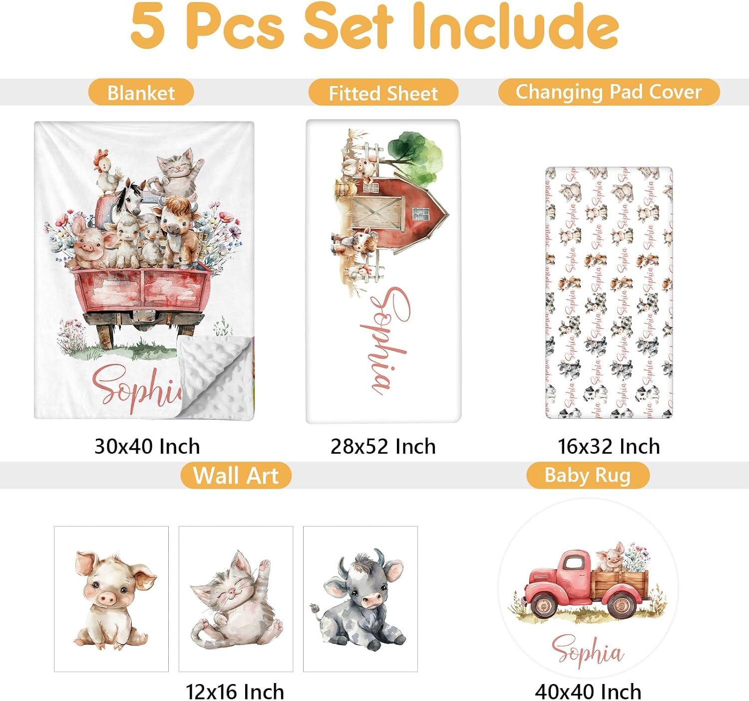 Terwex Custom Baby Crib Bedding Set, 5 Pcs Personalized Name Baby Crib Sets for Infant Toddler, Farm Animals Nursery Bedding Set for Boy Girl, Double Layer Flannel Baby Bedding Sets Customized Gifts