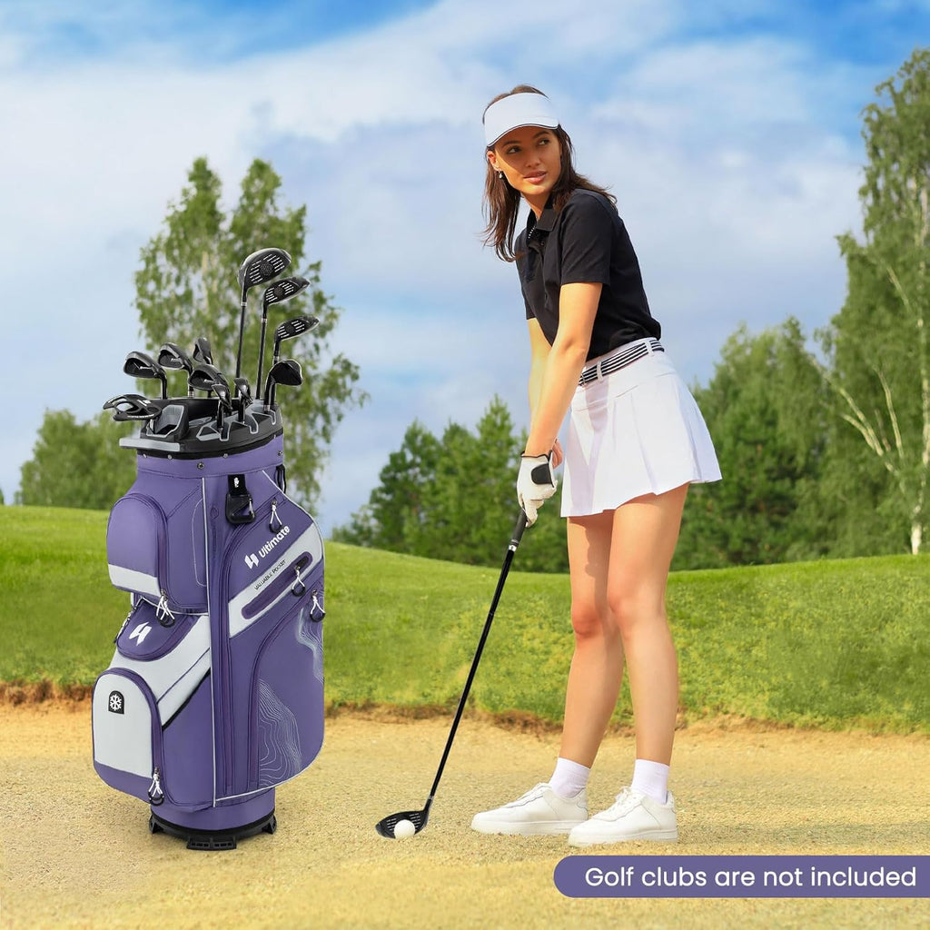 ULTIMATE 14-Way Golf Cart Bag, Golf Bag w/Molded Lock Top & Full Length Dividers, Portable Golf Club Bag w/11 Pockets, Cooler Bag, Padded Strap & Rain Hood for Men Women