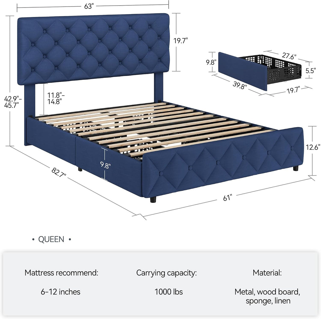 IDEALHOUSE Queen Size Bed Frame with 4 Storage Drawers and Adjustable Headboard, Linen Upholstered Platform Beds, Diamond Stitched Button Tufted, No Box Spring Needed, Blue