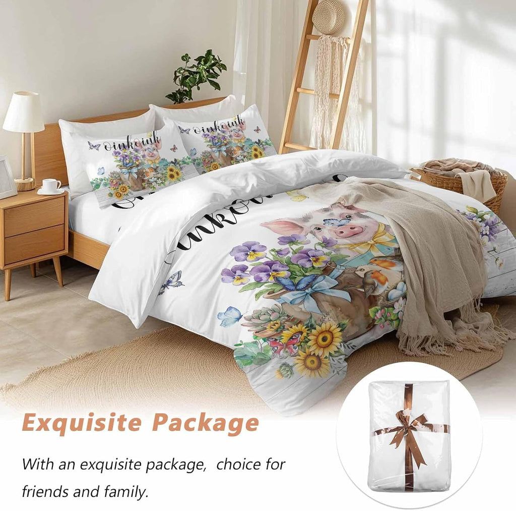 Prime Leader Floral Animals Duvet Cover Set Queen Size 4 Pieces Retro Flowers Fence Pig Birds Butterfly Bedding Set with Zipper Closure, 1 Comforter Cover 90x92 Inches 1 Flat Sheet & 2 Pillow Cases