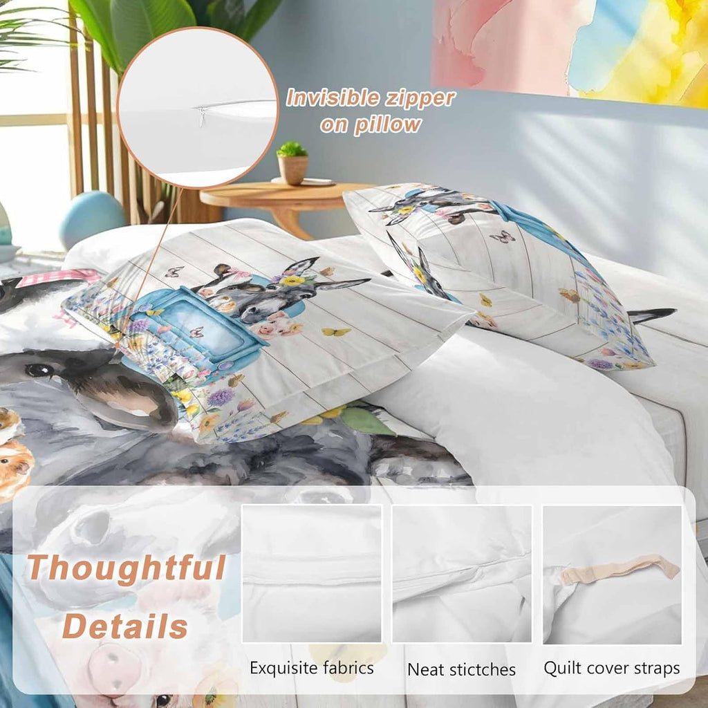 Farm Truck Animal Duvet Cover Set Queen Size 4 Pieces Donkeys Cows Pigs Wildflowers Wood Pattern Bedding Set with Zipper Closure, 1 Comforter Cover 92x106 Inches 1 Flat Sheet & 2 Pillow Cases