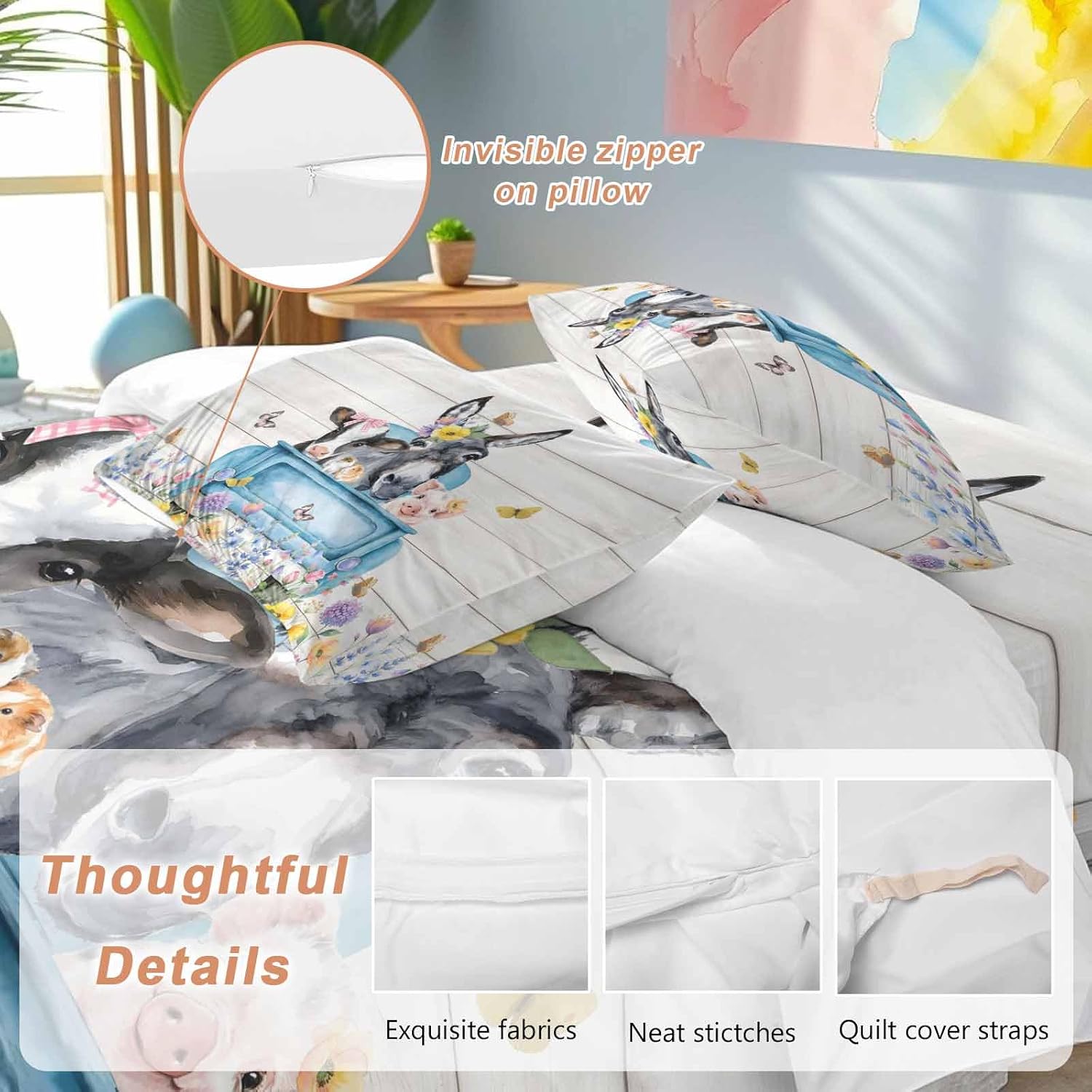 Farm Truck Animal Duvet Cover Set Queen Size 4 Pieces Donkeys Cows Pigs Wildflowers Wood Pattern Bedding Set with Zipper Closure, 1 Comforter Cover 92x106 Inches 1 Flat Sheet & 2 Pillow Cases