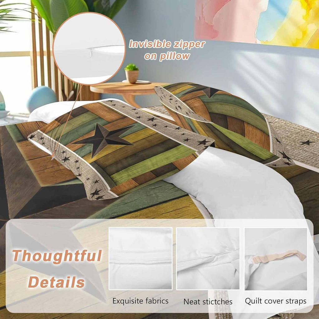 Texas Star Duvet Cover Set Queen Size 4 Pieces Retro Chic Western Texas Star Pattern Wooden Grain Bedding Set with Zipper Closure, 1 Comforter Cover 86x86 Inches 1 Flat Sheet & 2 Pillow Cases
