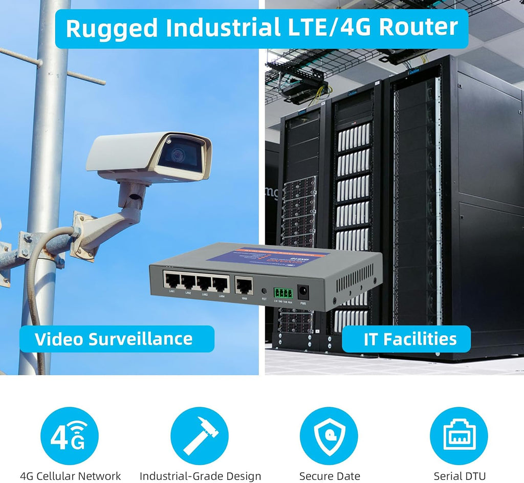 QX510-NW2 Industrial 4G LTE WiFi Router with 5 Ethernet Ports, Support T-Mobile EIOTCLUB SIM Card, Not for Verizon/ATT, Cellular VPN RS232 Modems for Cameras Manufacturing Retail POS Charging Station
