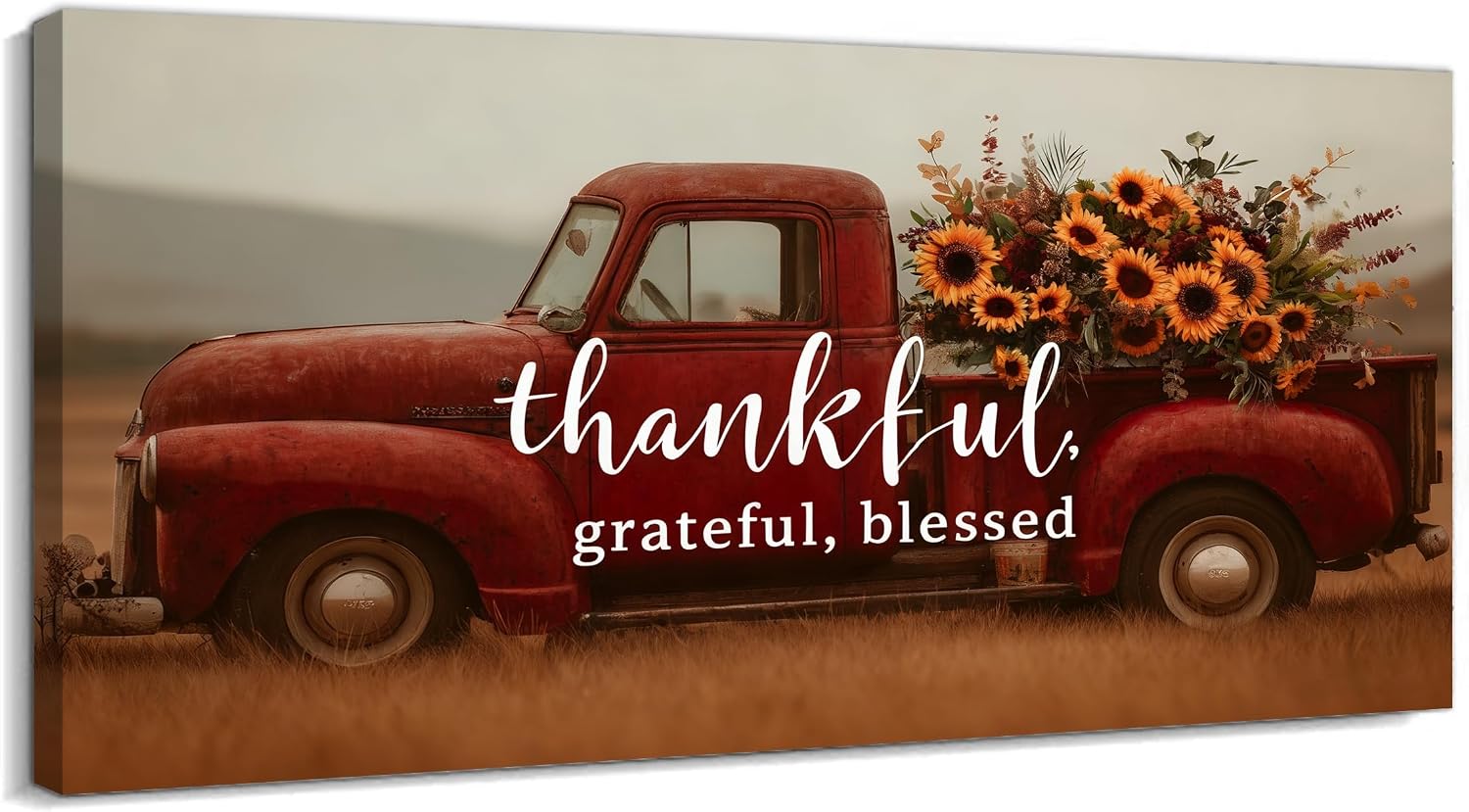 TIMUBA Farmhouse Truck Wall Art, Country Landscape Canvas Artwork, Red Vintage Truck Sunflower Pictures Wall Decor Bedroom, Rustic Truck Floral Painting Prints for Farm Living Room Decor 60x30 Inches