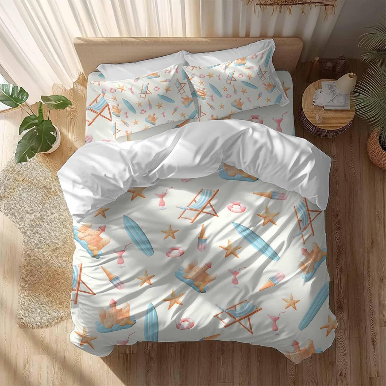 Summer Beach Duvet Cover Set Queen Size 4 Pieces Dreamy Ocean Blue Surfboards Beach Chair Castle Starfish Bedding Set with Zipper Closure, 1 Comforter Cover 90x92 Inches 1 Flat Sheet & 2 Pillow Cases