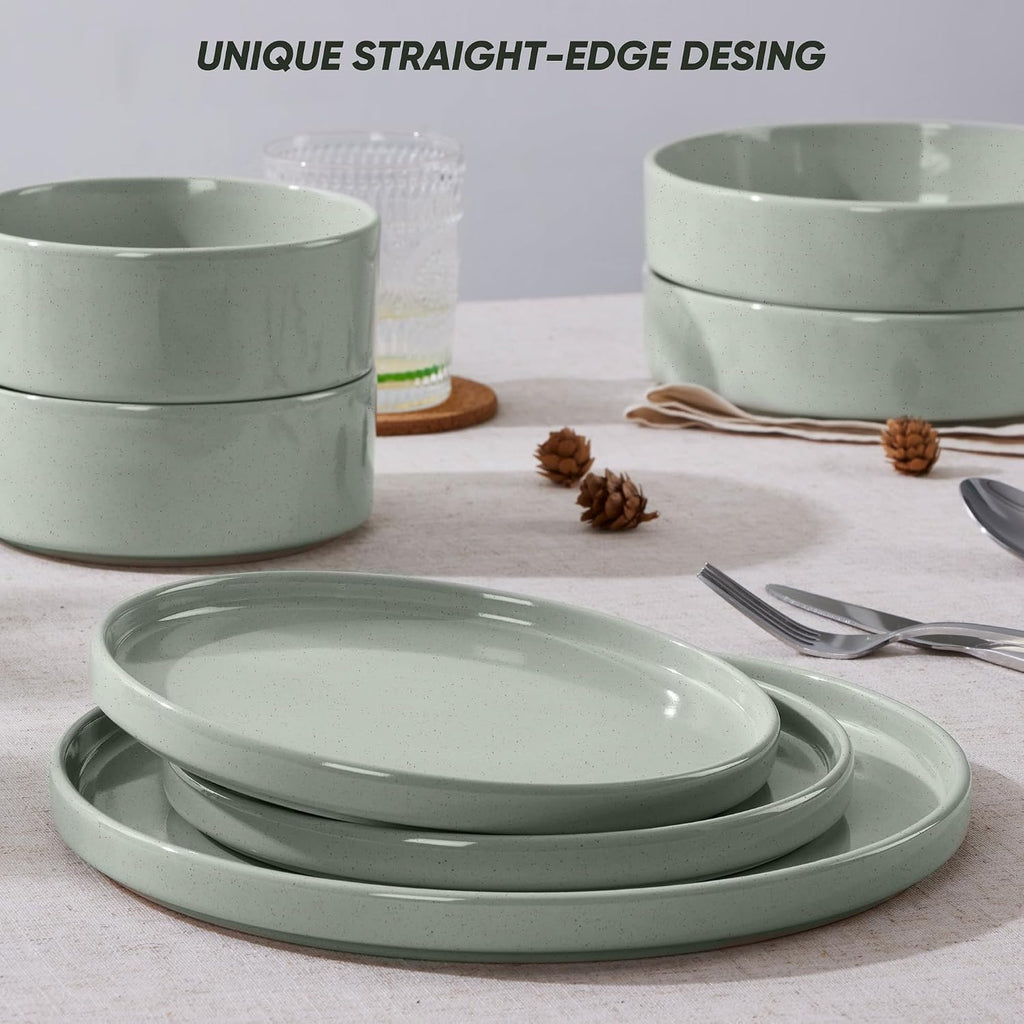 E-far Dinnerware Sets with Pasta Bowls, 24-Piece Stoneware Plates and Bowls Sets for 6 | Microwave & Dishwasher Safe Kitchen Modern Dish Set, Speckled Green