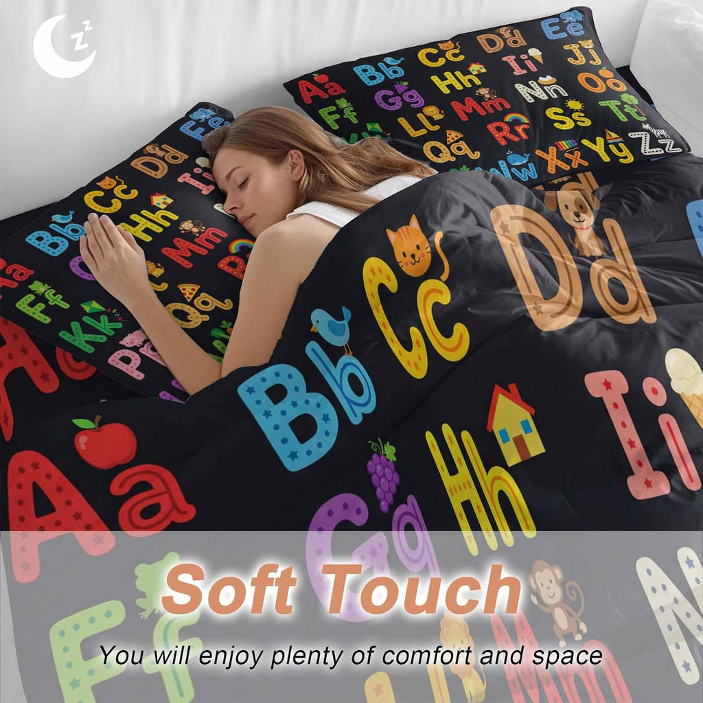 Alphabet Duvet Cover Set Queen Size 4 Pieces American Cartoon Early Education Alphabet Minimalist Mural Bedding Set with Zipper Closure, 1 Comforter Cover 86x86 Inches 1 Flat Sheet & 2 Pillow Cases