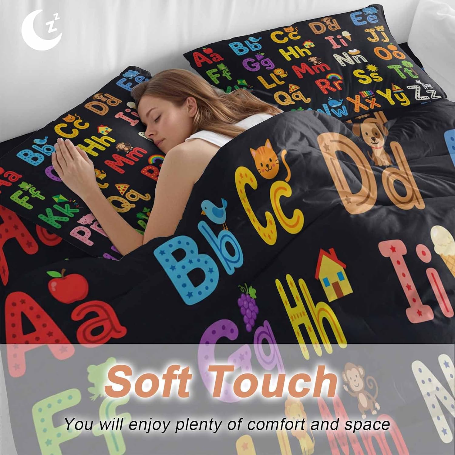 Alphabet Duvet Cover Set Queen Size 4 Pieces American Cartoon Early Education Alphabet Minimalist Mural Bedding Set with Zipper Closure, 1 Comforter Cover 86x86 Inches 1 Flat Sheet & 2 Pillow Cases