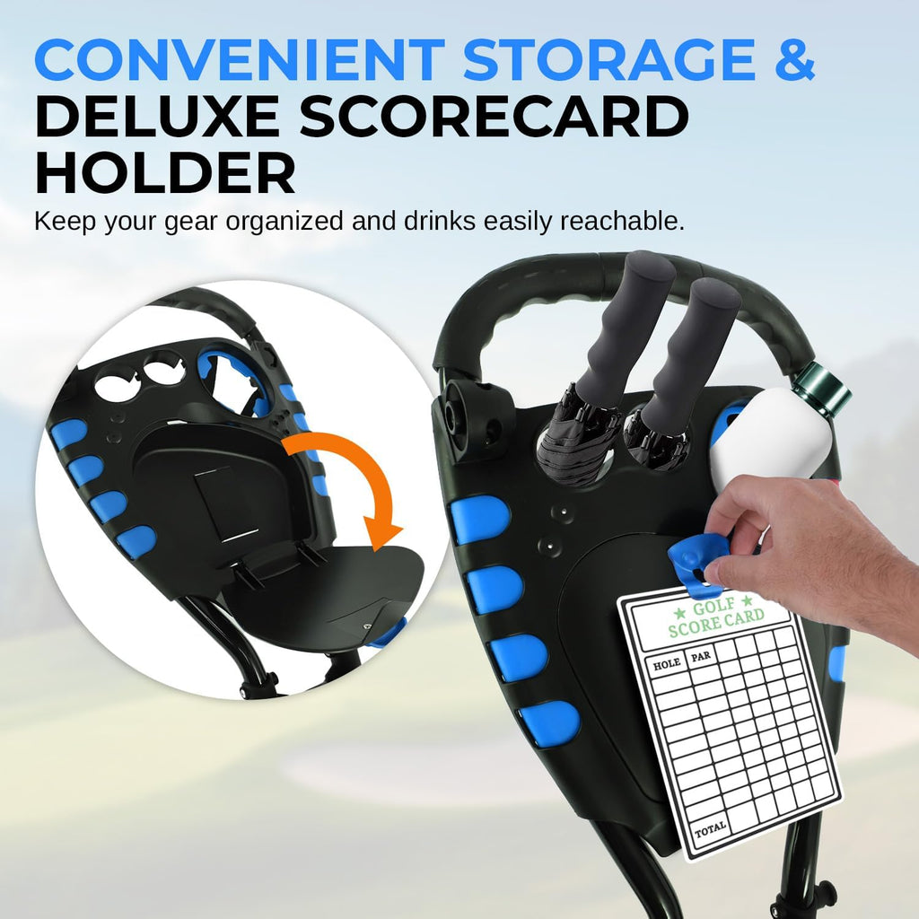 SereneLife Golf Cart Lightweight Foldable Golf Push Cart - Aluminum Folding Trolley with Adjustable Handle, Elastic Bag Straps, Dual Brakes, Scorecard & Cup Holders for Easy Maneuverability