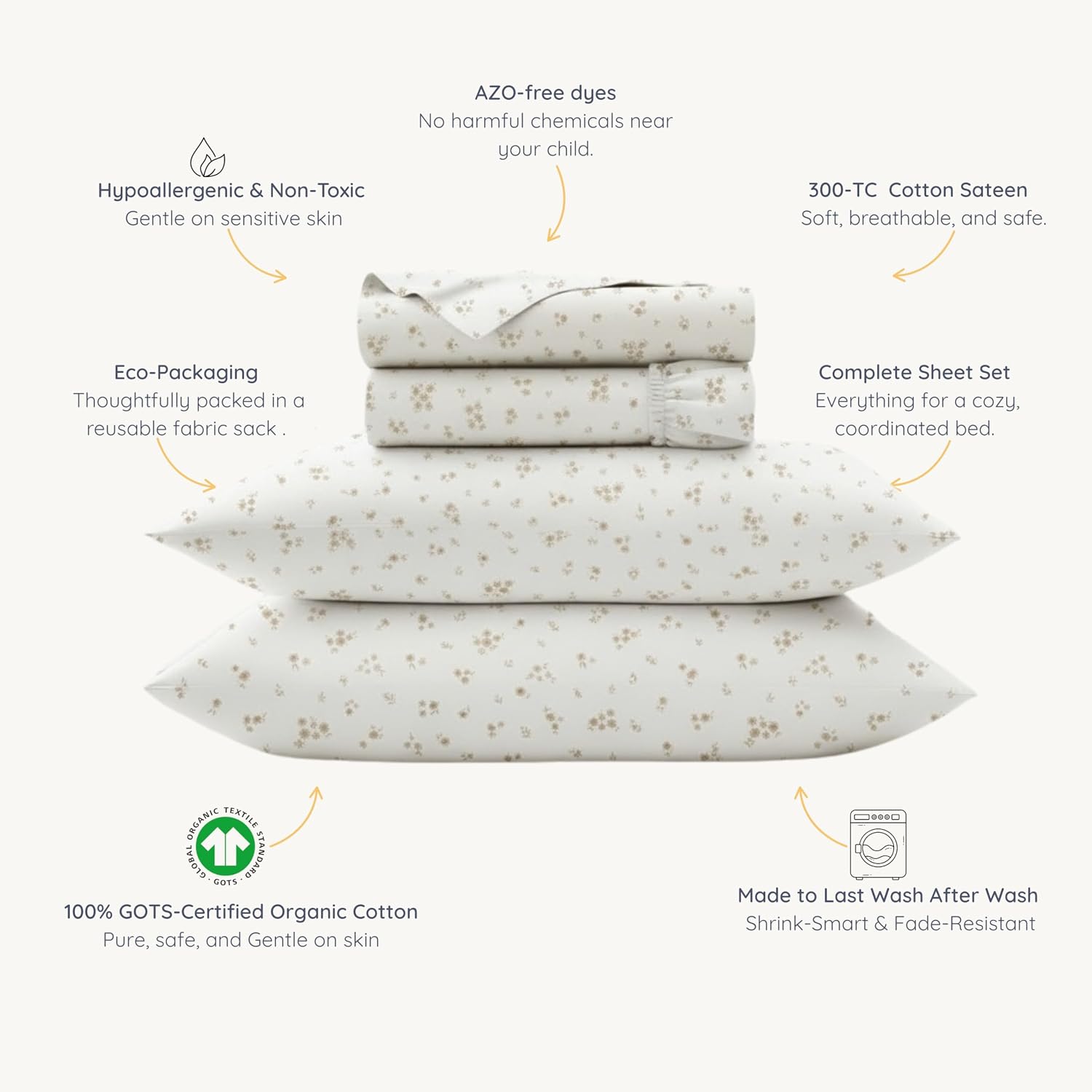 MakeMake Organics Organic Queen Sheet Set GOTS Certified Organic Cotton Sheets Queen Bed Fitted Sheet Flat Sheet Pillowcases Set - Ultra Soft Non Toxic Breathable Ditsy Flowers Peach (Queen, Bloom)